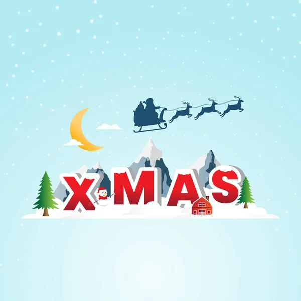 Christmas Winter Landscape Village House Snowman Xmas Tree Christmas Festive — Stock Vector