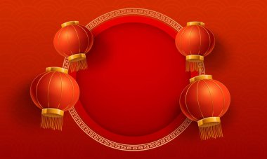 Çin 'in yeni yıl şablonu kırmızı desenli resimler ve kırmızı fenerli Çince süslemeler
