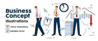 İş kavramı çizimleri. Kayıplı iş faaliyetlerinde yer alan kadınların sahne koleksiyonunu ayarlayın. Vektör illüstrasyonu