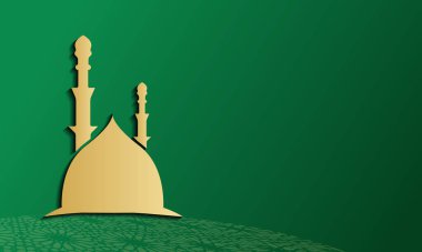 gold silhouette of Mosque on abstract green background, concept for Muslim community holy month Ramadan Kareem