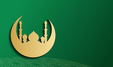 gold silhouette of Mosque on abstract green background, concept for Muslim community holy month Ramadan Kareem
