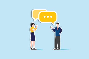 Communicate idea in business discussion, effective communication to brainstorm and come up with solution or result concept, businessman and woman coworker talking with speech bubble. paper cut style