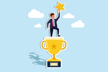 Victory or business achievement, triumph or award winning, accomplishment for leadership success, determination for career success concept, cheerful businessman winner catch star on winning trophy. Paper Cut Style