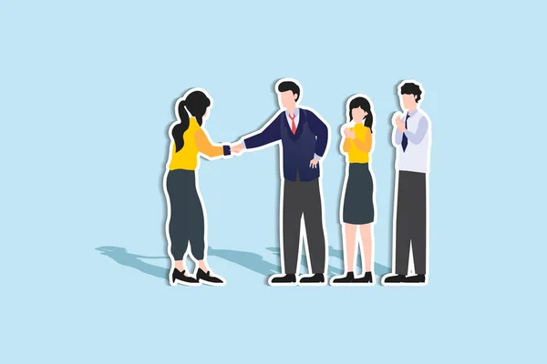 Onboarding new employee, warm welcome to new office, introduce new hire to colleagues, orientation training on first day concept, businessman manager handshake welcome and introduce new staff to team. Paper Cut Style