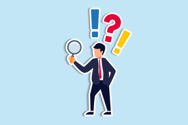 Observation or examination, curiosity to discover secret, search or analyze information, investigate or research concept, curious businessman holding magnifying glass observe data with question mark. Paper Cut Style