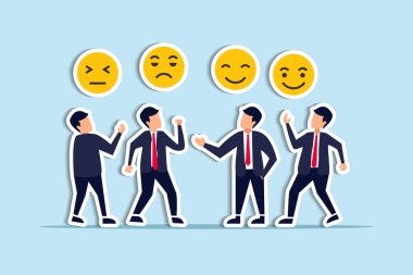 Employee morale, team spirit, work passion or job satisfaction, worker wellbeing or feeling, attitude and motivation concept, businessman and businesswoman team showing emotion happy and sad faces. Paper Cut Style