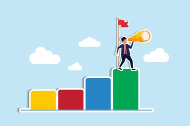 Vision to see next goal, motivation to success, forecast and business prediction, challenge to be better and achieve success concept, confidence businessman step on rise up graph look for next goal. Paper Cut Style