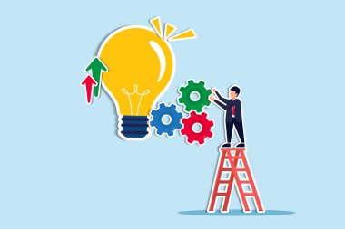 İşadamı performans konseptini artırmak için süreç iyileştirme, verimliliği veya üretkenliği artırmak için ayarlamalar, proje ilerlemesi veya geliştirme, kalkınma sürecini geliştirmek için sisteme teçhizat koydu. Kağıt Kesiği Biçimi