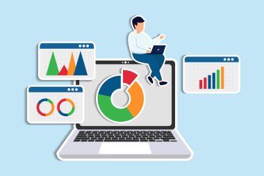 Piyasa araştırma veri analizi, iş verileri veya finans raporu, SEO analitiği veya kâr ve kazanç kavramı, dizüstü bilgisayarda veri analiz eden iş adamı analisti. Kağıt Kesiği Biçimi