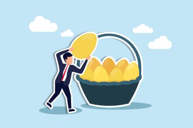 Riski azaltmak ve kazancı, kazancı ve karı maksimuma çıkarmak için çeşitlendirme, yatırım portföyü stratejisi, varlık tahsisi, altın yumurtayı elinde tutan işadamı birçok sepete koyarak çeşitlilik gösteriyor. Kağıt Kesiği Biçimi