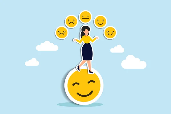 控制感情或情感 心理学是成功或焦虑与幸福的平衡概念 快乐的女人在笑脸上的平衡杂耍表达情感的脸 剪纸风格 — 图库矢量图片