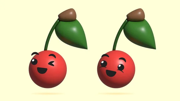 3D Digital Illustration of cherry fruit cartoon character. Concept art of a happy cherry smiley face icon. Healthy food emoji of cherry fruit. Fresh ripe cherry fruit with leaf.