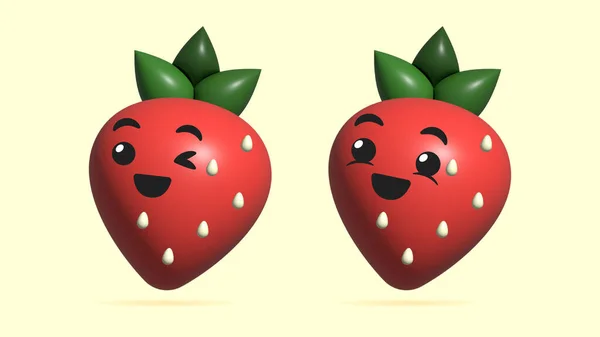 3D Digital Illustration of Strawberry fruit cartoon character. Concept art of a happy Strawberry smiley face icon. Healthy food emoji of Strawberry fruit. Fresh ripe Strawberry fruit with leaf.