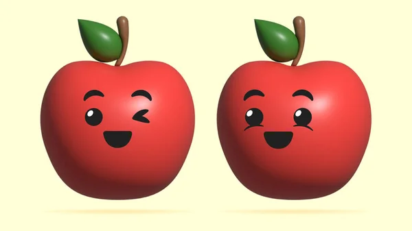 3D Digital Illustration of Apple fruit cartoon character. Concept art of a happy Apple smiley face icon. Healthy food emoji of Apple fruit. Fresh ripe Apple fruit with leaf.