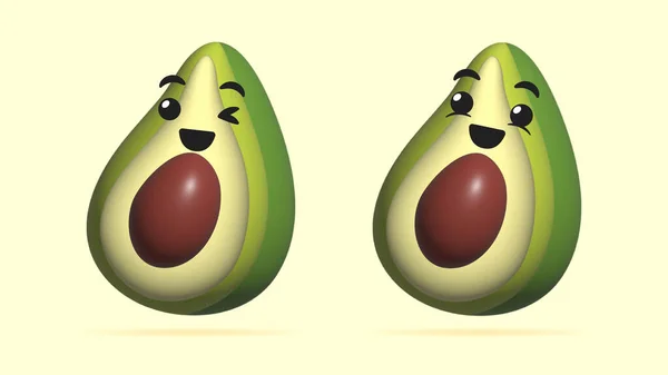 アボカドフルーツキャラクターの3Dデジタルイラスト ハッピーアボカドスマイリーフェイスアイコンのコンセプトアート アボカドフルーツの健康食品の絵文字 新鮮な熟したアボカドフルーツ — ストック写真