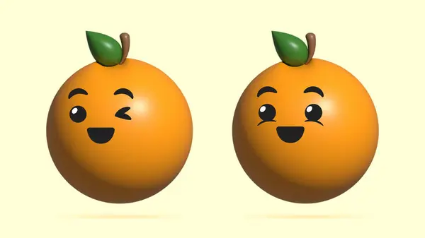 3D Digital Illustration of Orange fruit cartoon character. Concept art of a happy Orange smiley face icon. Healthy food emoji of Orange fruit. Fresh ripe Orange fruit with leaf.