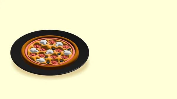 Пицца Черной Тарелке Изоляция Желтом Фоне Перспективный Взгляд Спереди — стоковое фото
