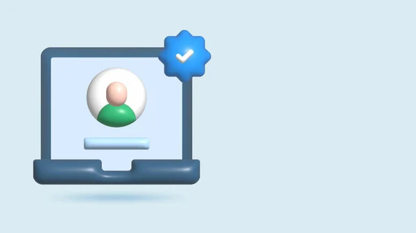 Ekran laptopunda 3D Gerçekçi İllüstrasyon doğrulama insanları oluşturur. Simge konseptini onayla.