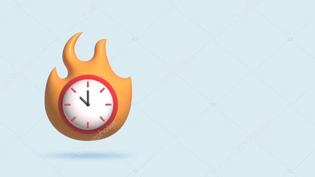 3d realistic illustration of clock on fire, deadline concept