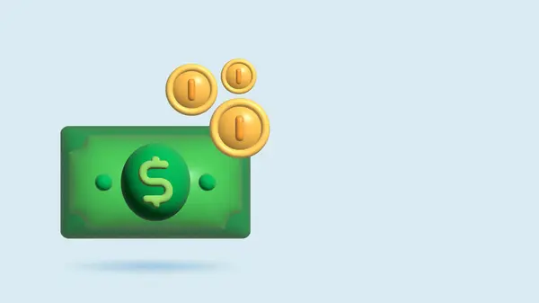 Stack of money and gold coins 3d. Coins with dollar sign, wad of cash, currency illustration.
