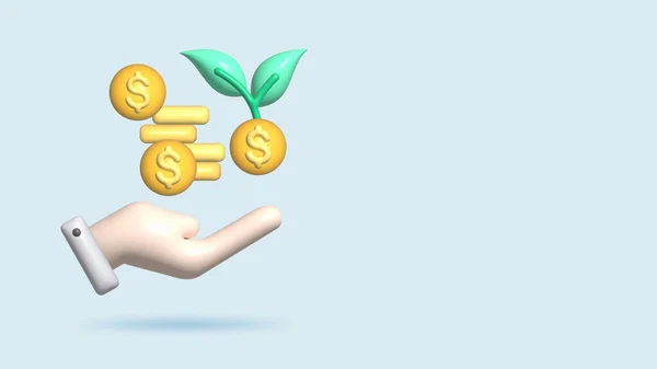 cartoon business man hand hold stack coin with growth plant. 3d render illustration