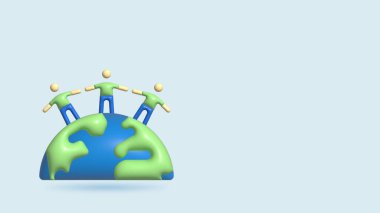 3D Gerçekçi İllüstrasyon Nüfusu gezegeni kurtarmak için dev dünya gezegeninin etrafında duruyor..