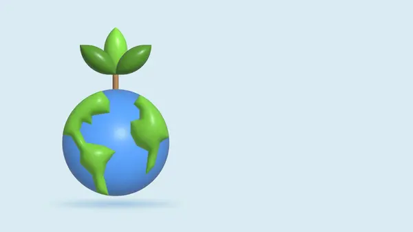 Cartoon planet Earth with green sprout and leaves 3d. Save green planet concept