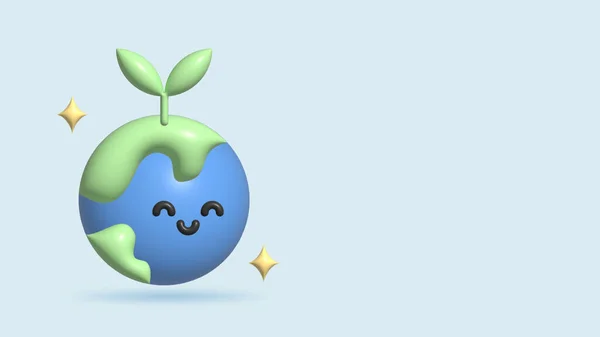 Cartoon Planeta Terra Com Rosto Feliz Broto Verde Deixa Ícone — Fotografia de Stock