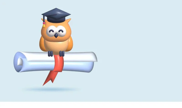3d owl illustration use graduation cap and diploma and rolling graduate certificate