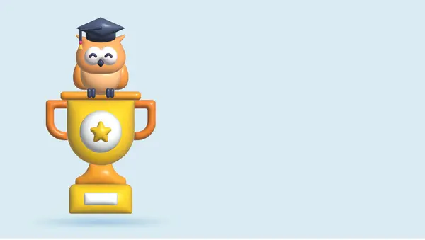 3d owl illustration use graduation cap and diploma and champion trophy
