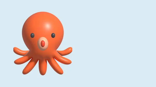 Cute 3D Octopus Character in orange Color with Black Eyes on a Blue Background