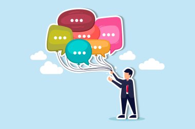 İletişim yönetimi, halkla ilişkiler, halk yorumu veya toplumsal eleştiri, toplantı özeti veya tartışma konuşması, sohbet veya diyalog konsepti, iş adamı konuşma balonları yönetir.