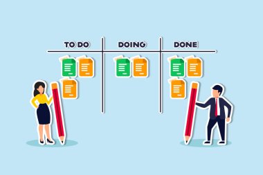 Review work progress on kanban board, todo list, in progress task and finished one, project management or planning for production concept, business people review project progress on kanban board.