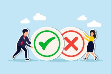 Pros and cons, do and dont or negative vs positive, comparison or advice article, yes or no, good or bad idea concept, business people holding big pros and cons, right and wrong symbols.