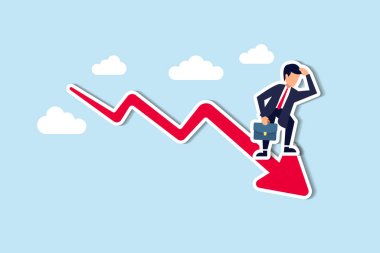 Economic recession, stock market plunge or falling down, cryptocurrency crash or financial crisis from inflation concept, businessman investor standing on falling down red graph look for bottom.