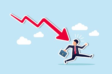 Business failure, economic recession or investment loss or stock market falling down, crisis or crash, investing risk or depression concept, failed businessman run away from falling down arrow chart.