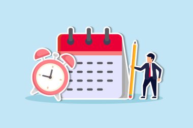Schedule planning and time management, organize meeting and appointment, event reminder or business schedule concept, businessman holding pencil planning work schedule on calendar and alarm clock.