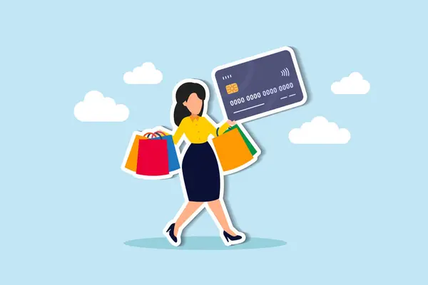 stock vector Consumerism, overspending or shopaholic causing credit card debt and poverty, shopping addiction spend more than your income, happy young woman holding shopping bags with credit card payment checkout.