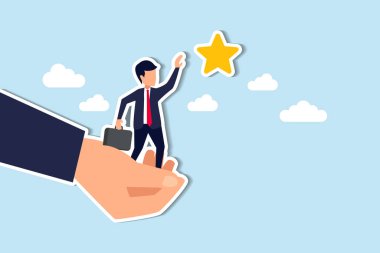 Kariyer geliştirme desteği, iş dünyasının hedef kavramına ulaşmasına yardımcı olmak için asistan ya da akıl hocası, el kaldırma ile iş adamının gökyüzündeki yıldıza ulaşma engelini aşmasına yardımcı olmak.