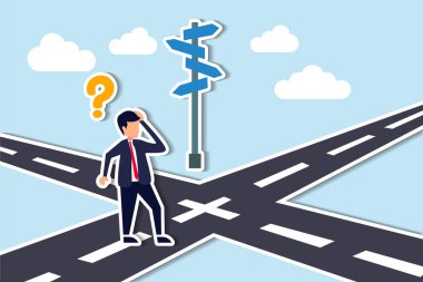 Business crossroads, finding solution or direction for success, confusion or what next challenge, opportunity choice or alternative concept, confused businessman at the crossroads thinking way to go. clipart