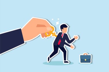 Yorgun çalışan şarj olur, güç verir ya da yorgun insan kavramını harekete geçirir, müdür büyük el, iş adamını motive etmek için anahtar ya da saat mekanizmasını çalıştırır..