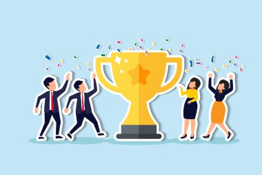 Takım başarısı tanınması, iş hayatına ulaşmak için takım çalışması ödülü, iş arkadaşlarının görev konseptini tamamlama zaferi, başarı iş adamları ve kadın takımının kupa kazanma başarısı..