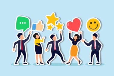Customer feedback, user experience or client satisfaction, opinion for product and services, review rating or evaluation concept, young adult people giving emoticon feedback such as stars, thumbs up.