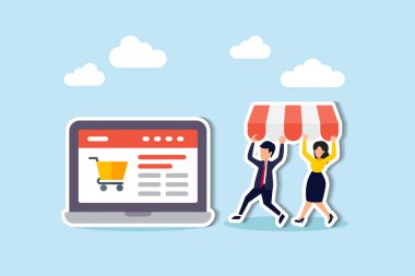 Çevrimiçi dükkan açmak, e-ticaret mağazası açmak, çevrimiçi ürün satmak, web sitesi kurmak internet konsepti içinde sanal mağaza kurmak, iş adamları dizüstü bilgisayarda yeni web sitesi inşa ediyorlar.