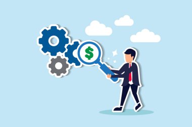 Maliyet verimliliğinin artırılması, yüksek kalite için zamanın en aza indirilmesi, kârlı bir strateji için harcamaların optimize edilmesi - bir işadamı dolar üreten dişli dişli dişli dişli bir büyüteçle karı maksimize eder.