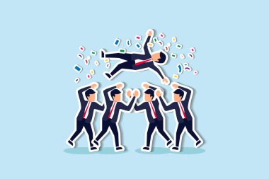 İş başarısı, hedef başarısı, ödül konsepti, neşeli şirket meslektaşlarının mutlu patronlarını havaya fırlatıp kutlama takımının başarısı için kutlama partisi..