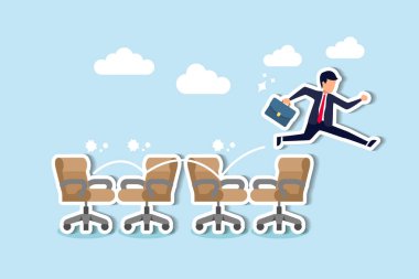 Kariyerinde ilerlemek için sık sık iş değiştiren neşeli iş adamı adayları ofis başkanlığından yeni ofis metaforuna atlıyorlar..