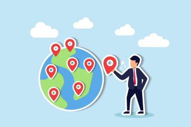 Şirket şubelerinin küresel çapta genişletilmesi, kıtaları kapsayacak yeni bölgelerdeki imtiyazlar, dünya çapında büyüyen iş dünyası konsepti, iş adamı CEO dünya haritasına yeni şube iğnesi koydu.