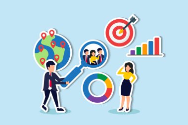 Pazarlama araştırması kullanıcı davranışlarını analiz etmek, etkili reklam pazarlama stratejileri kavramı için hedef grupları çalışmak, müşteri grubuyla birlikte veri analizi için büyük büyüteçlere bakmak