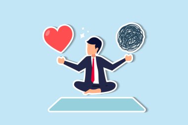 Stres yönetimi için iş odakları ve zihinsel sağlığın dengelenmesi, iş-yaşam dengesinin vurgulanması, meditasyon ve gevşeme işadamı meditasyonu dalgalı dengeyi, karmaşık kaosu ve tutku şeklini dengeliyor.